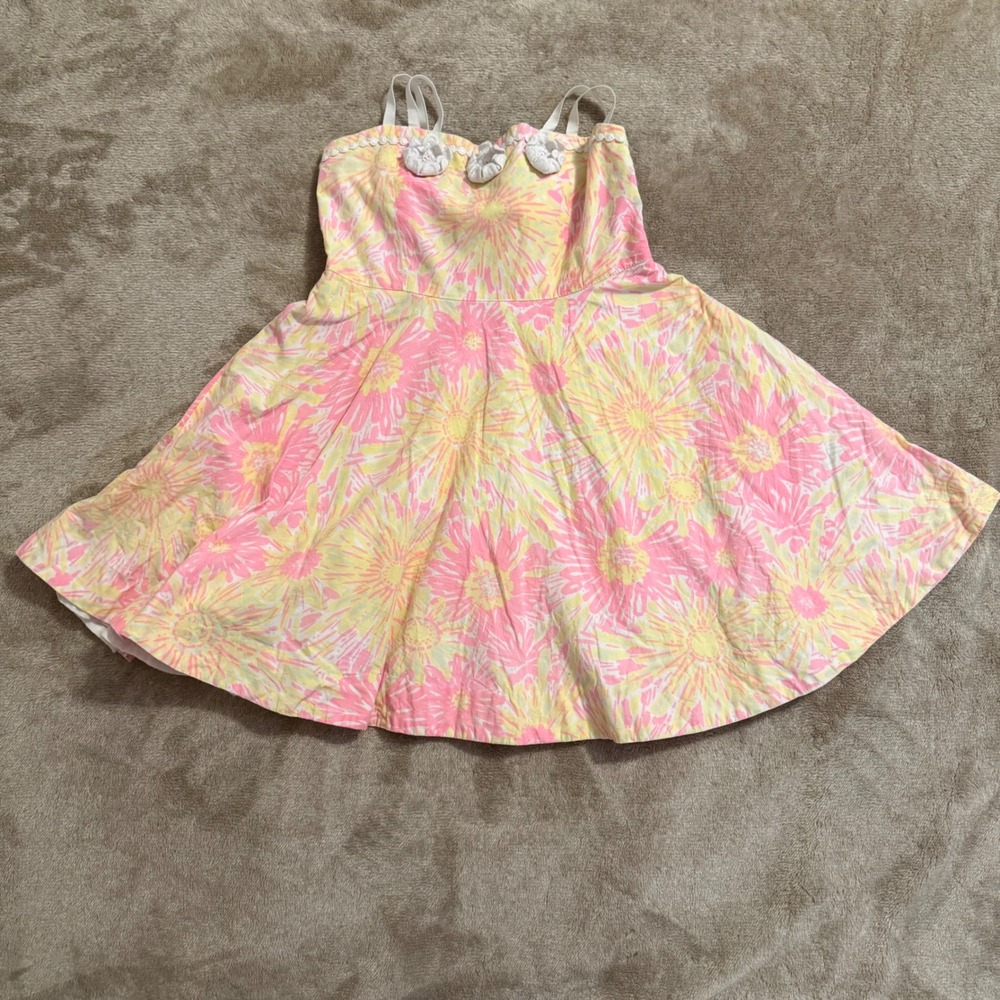 Lilly Pulitzer Girls Pink Yellow Floral Daisy Sun Dress Cutout Back Size 5